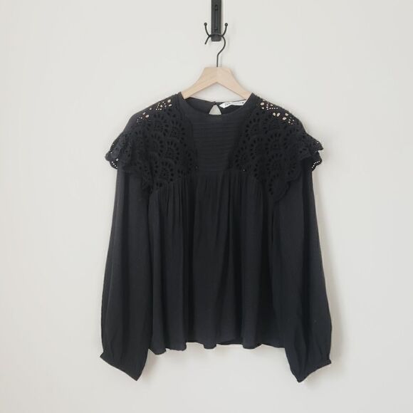 Zara Black Embroidered Peasant Top Size Small - Picture 2 of 7